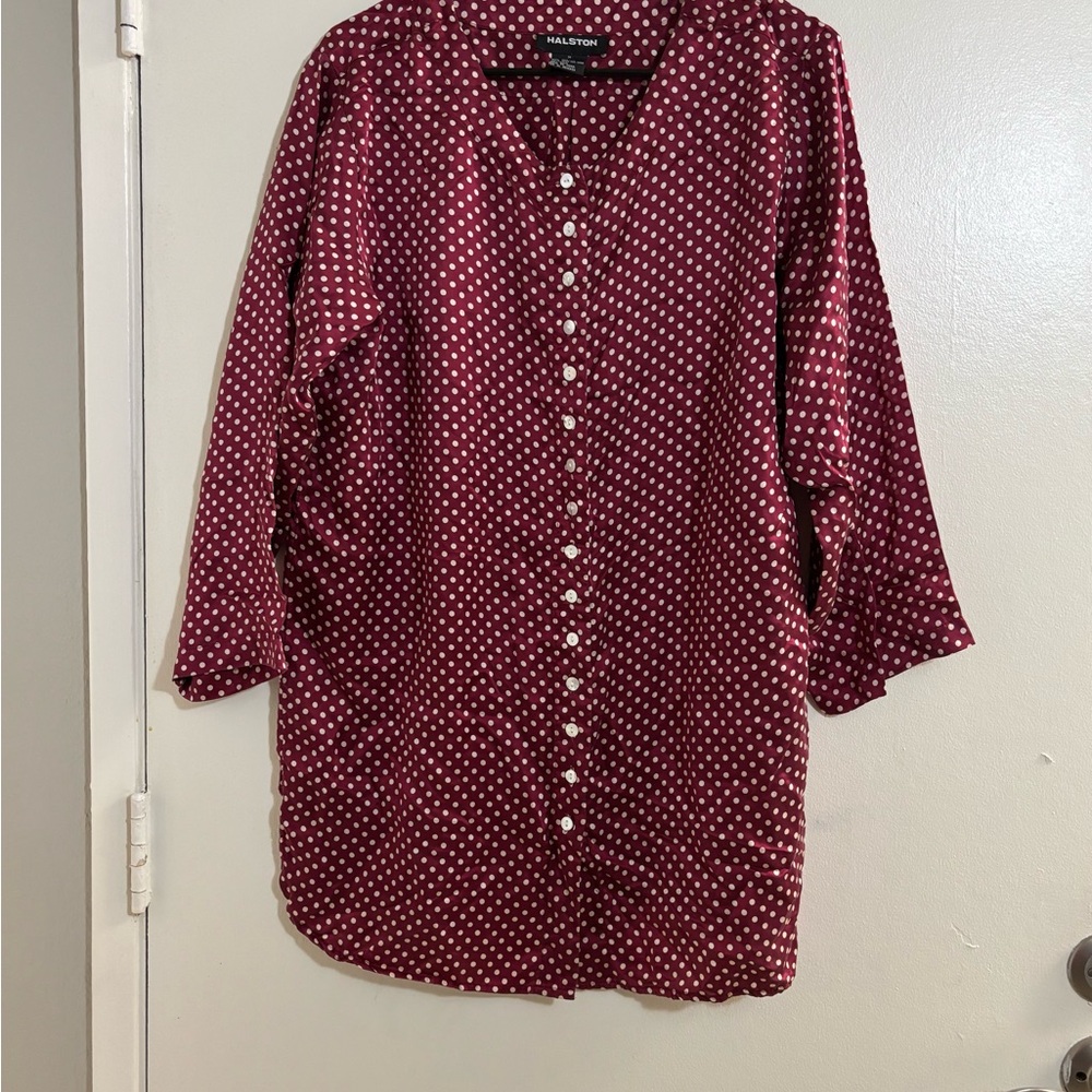 Halston Silk Burgundy Polka Dot Sleep Shirt